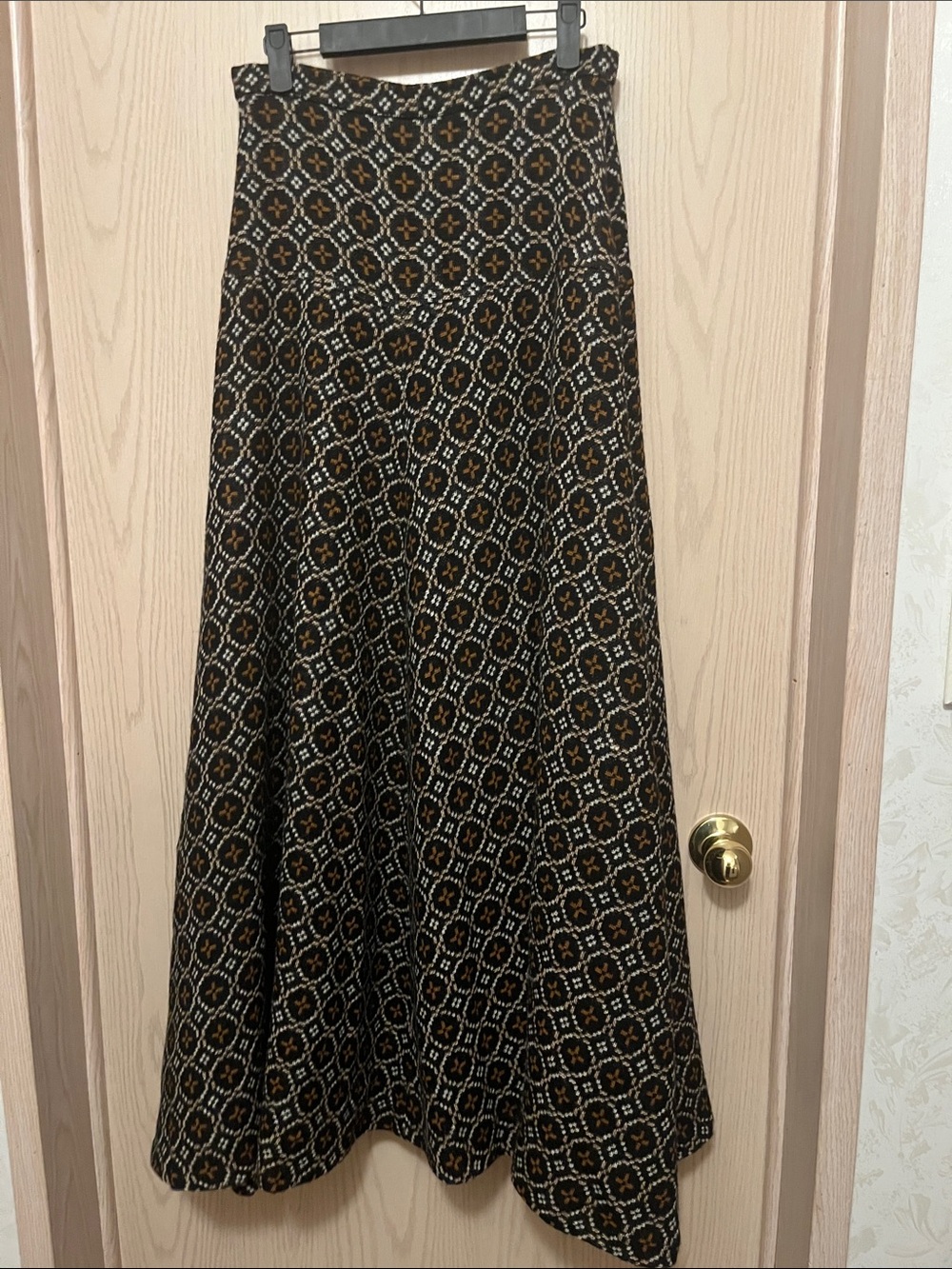 Black Geometric Maxi Skirt with Brown Accents